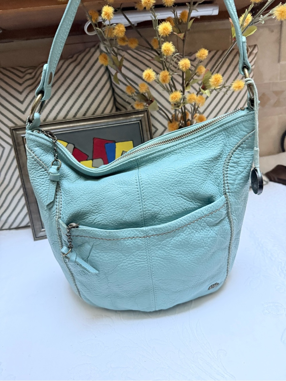 The Sak Light Aqua Pebbled Leather Shoulder Bag